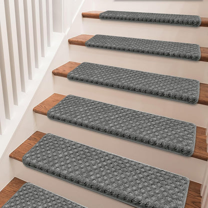 PURE ERA Bullnose Carpet Stair Treads Set Tape Free Non-Slip Indoor Stair Protectors Pet Friendly Rugs Covers Soft Skid Resistant Washable Reusable 9.5" x 30"(14 Pieces,Cream Gray)