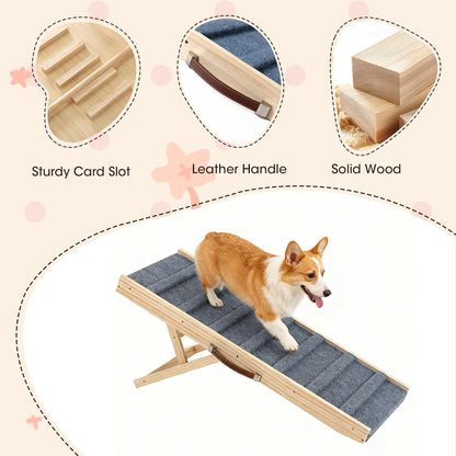 Dog Ramp for Bed, 39.4" Long Wooden Pet Ramp for Small & Large Dogs, 4 Adjustable Heights 12.2" to 22" with Anti-Slip Carpet & Carrying Handle Holds, Portable Dog ramps for Car, Bed, Couch, Outdoo