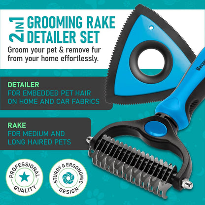 Maxpower Planet Dog Rake and Dog Hair Brush - Gently Removes Loose Undercoat, Mats and Tangled - Deshedding Grooming Tool for Dogs & Cats - Self Cleaning Slicker Brush - All Hair Types