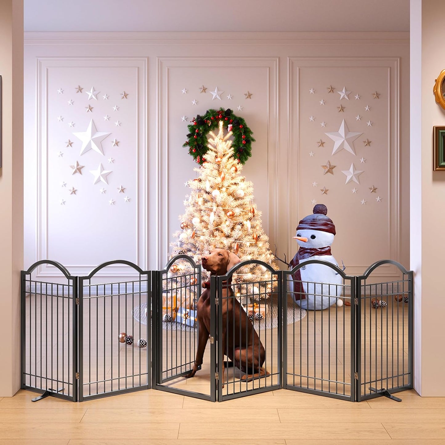 BHG Metal No-Assembly Freestanding Dog Gate with Door Walk Through, Extra Wide 144", Extra Tall 32" Pet Gate, Accordion Puppy Folding Playpen Dog Fence, with 2PCS Support (Black, 6 panesl)