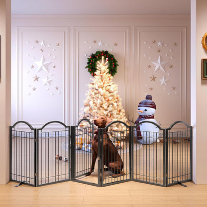 BHG Metal No-Assembly Freestanding Dog Gate with Door Walk Through, Extra Wide 144", Extra Tall 32" Pet Gate, Accordion Puppy Folding Playpen Dog Fence, with 2PCS Support (Black, 6 panesl)