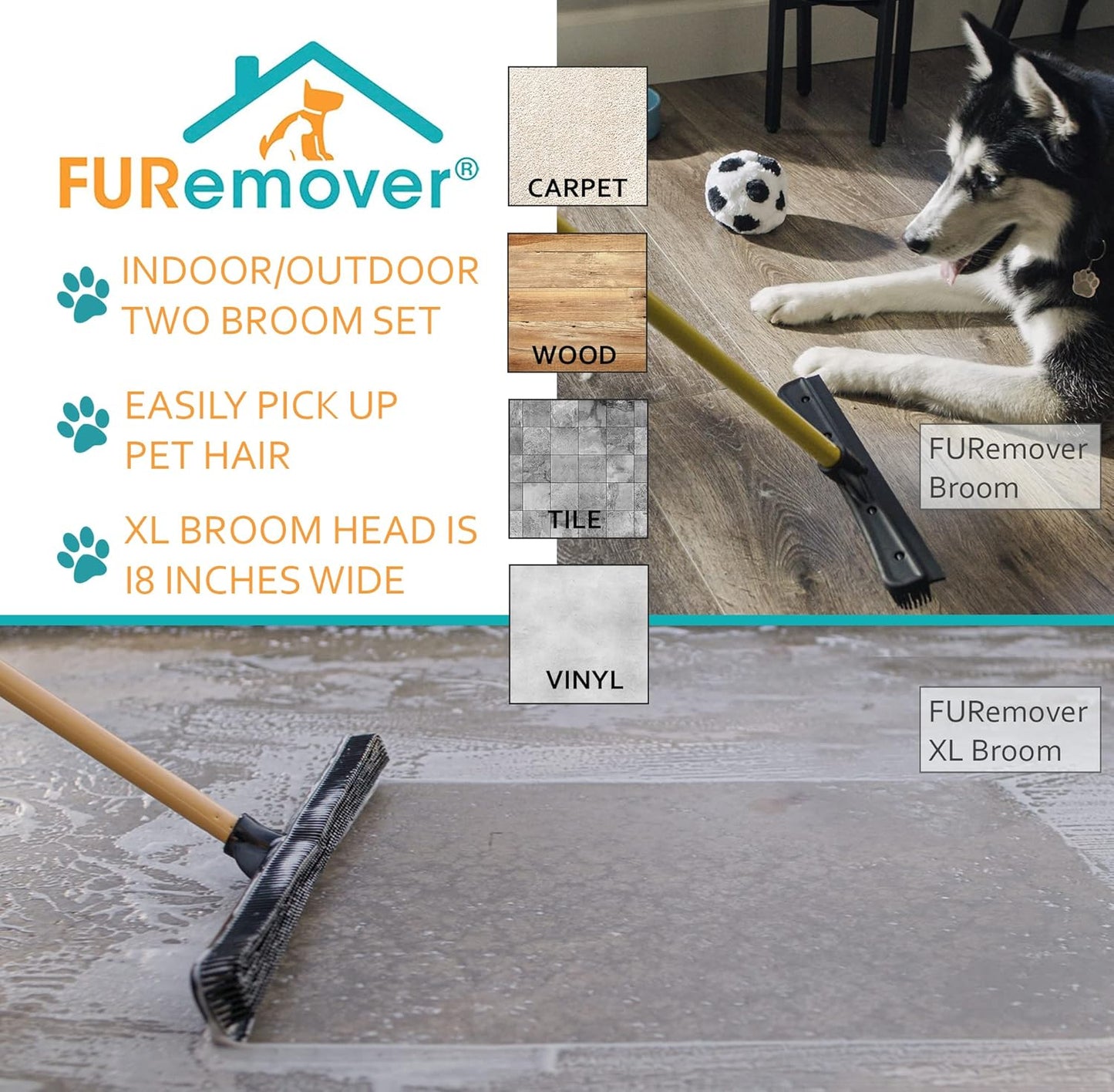 FURemover Pet Hair Removal Rubber Broom, 58" Telescopic Handle