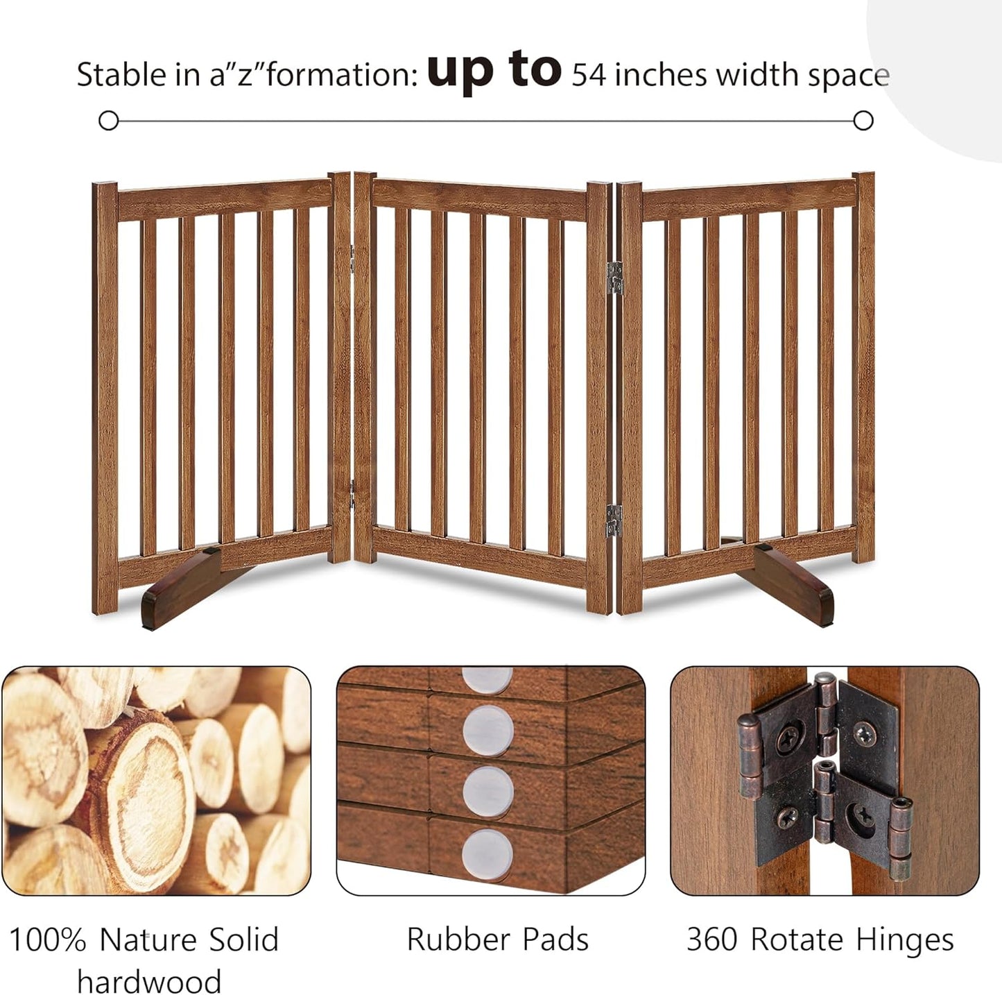 LZRS 2-Panel Wooden Free Standing Foldable Dog Gate Indoor – Solid Hardwood 24" High, Step-Over Safety Pet Gate for Doorways, Stairs & Small Spaces - Indoor Use, White