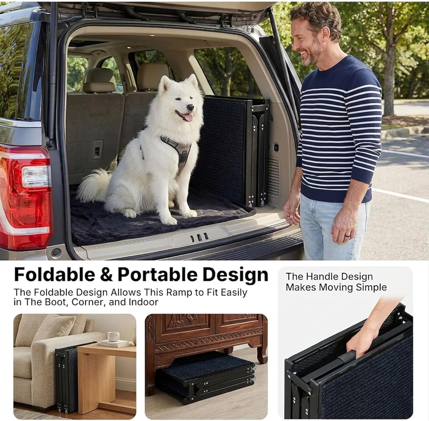 Dog Ramp for Car, Folding Dog Ramp for Large Dogs up to 250 lbs, Portable Dog Ramp for Truck, SUV & High Bed, Non-Slip Surface, Easy to Carry, Black (65" x 17.2")