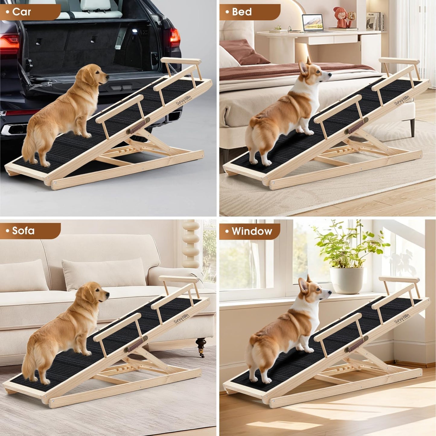 Dog Ramp for Bed - Foldable Small to Large Dog Ramp for Couch - 6 Adjustable Height from 12" to 24" - Stairs with High Traction Mat - Wooden Portable Ramp for Dogs to Get on Bed Couch Car Up to 200LBS