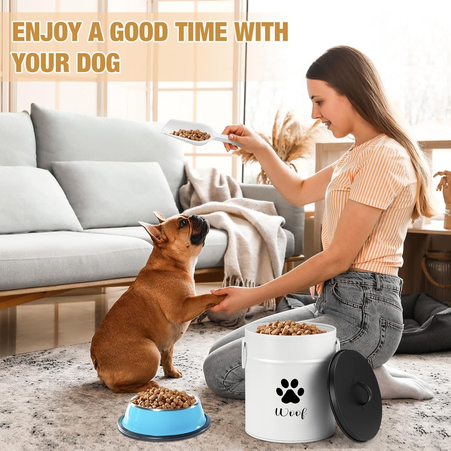 DoubleFill Extra Large 23+10 lbs Metal Dog Food Storage Containers Set of 2 Airtight Dog Treat Snack Jars with Lids and Spoon Farm House Style Big Pet Cookie Jar for Kitchen Counter Gift