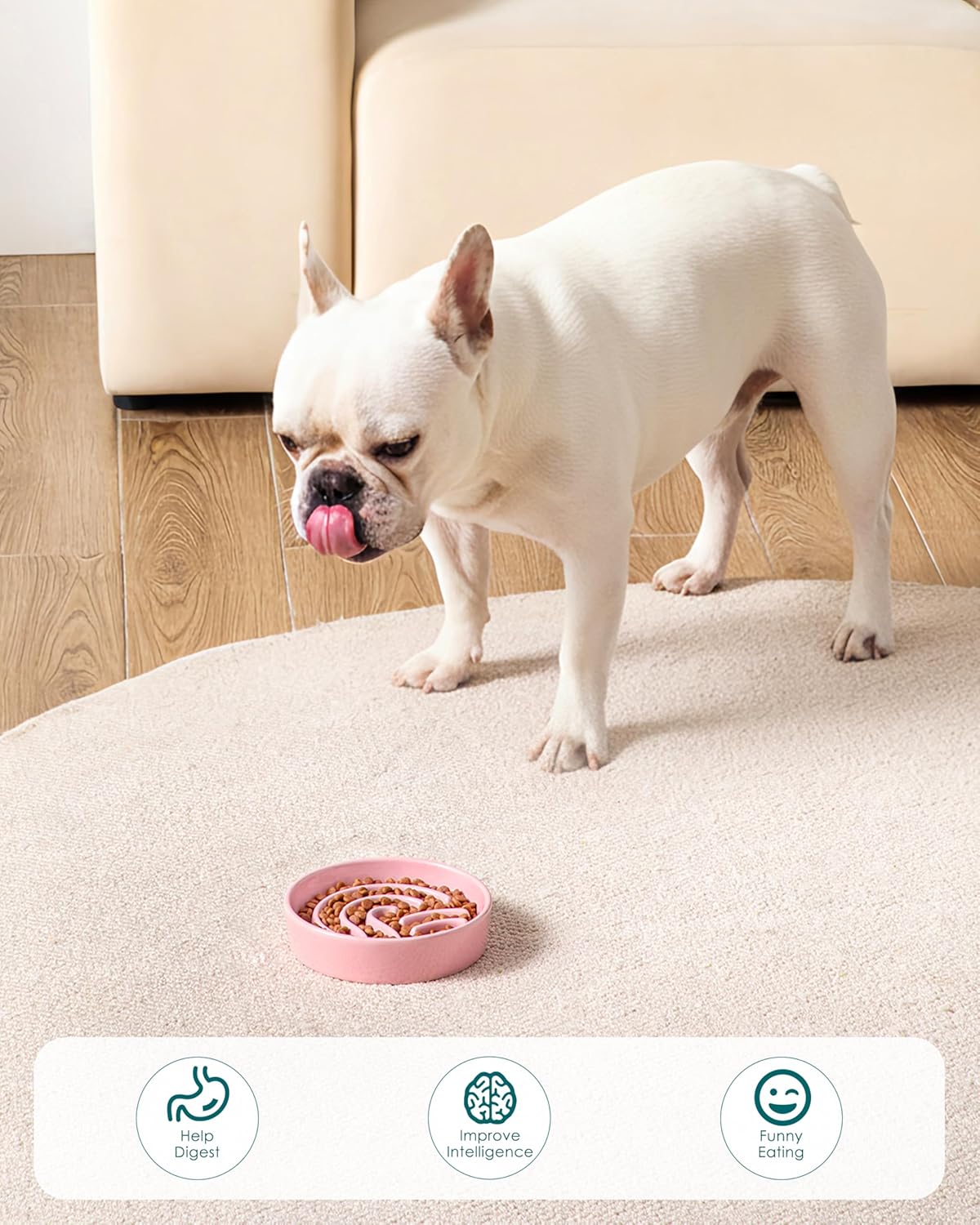 vancasso Slow Feeder Dog Bowl, 1.5 Cup Ceramic Slow Feeding Food Dish for Small and Medium Breed, Puzzle Dog Food Bowl for Fast Eater, Pink