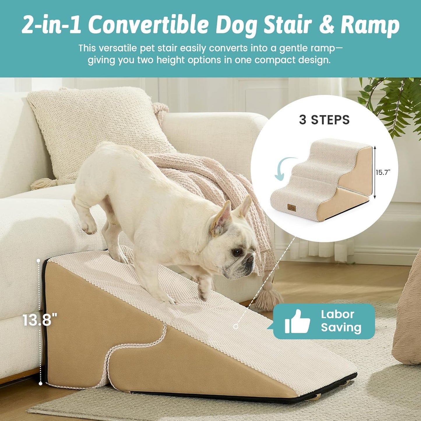 COZY KISS Dog Stairs for Small Dogs, 3-Step 2 in 1 Transformable Pet Stairs for Couch and Bed, 15.7" H Dog Steps for Old Cats, Puppy, Small Dogs (Beige, 17.7x28.3x19.7 in, 4.0)