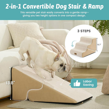 COZY KISS Dog Stairs for Small Dogs, 3-Step 2 in 1 Transformable Pet Stairs for Couch and Bed, 15.7" H Dog Steps for Old Cats, Puppy, Small Dogs (Beige, 17.7x28.3x19.7 in, 4.0)