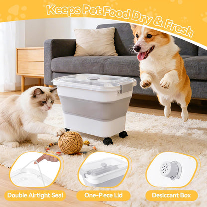 Dog Food Storage Container 30-40lbs, Airtight Pet Food Bin with Locking Lid & Clear Window, Collapsible Rolling Storage Container with Wheels & Scoop, Gray