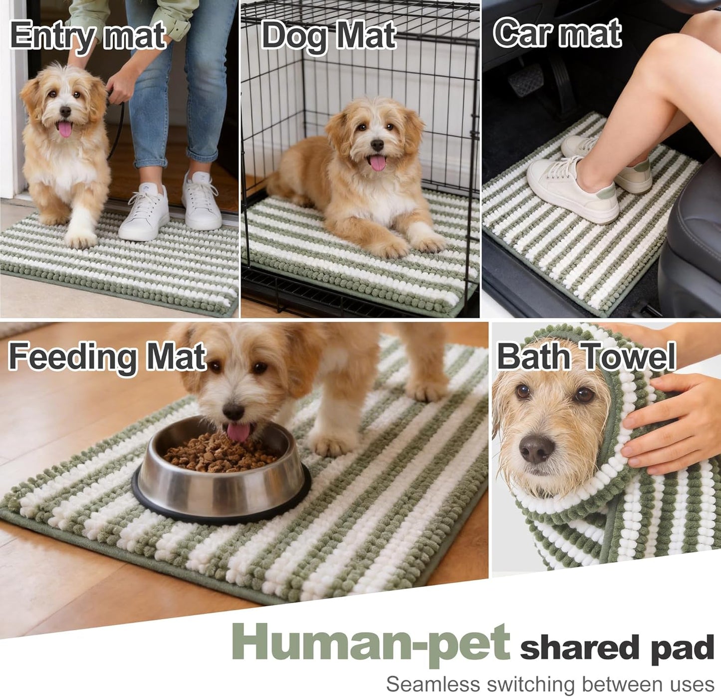 pobopobo Dog Door Mat for Muddy Paws - Absorbent & Washable Chenille Rug, Non-Slip Dirt Trapper for Indoor Outdoor Entryway, Quick Dry Pet Mat for Muddy Dogs (Striped Gray-Blue&White, 24" x 16")