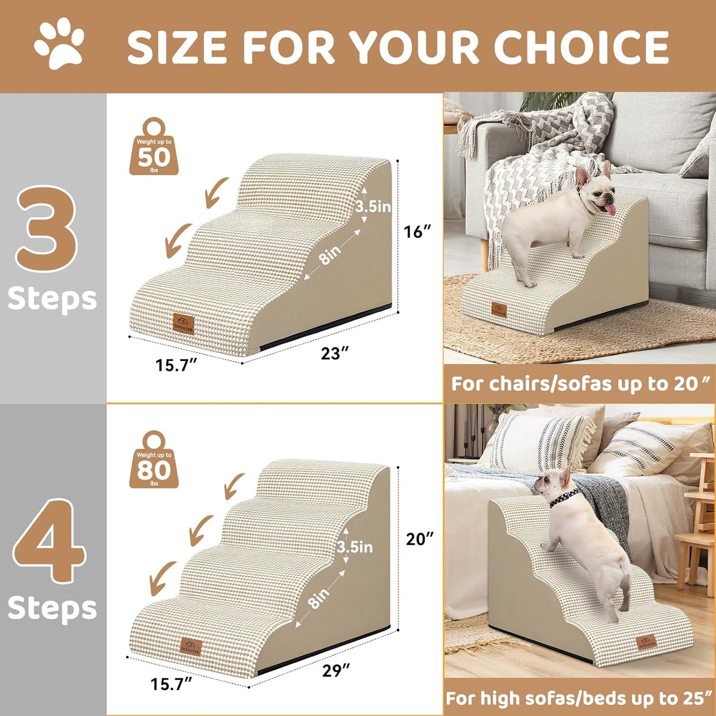 Zerbuger Dog Ramp and Stair for Bed 16" H-20 H,3-Step Cat Stair for Sofa and Chair,4-Step Dog Ramp for High Bed and Window,Durable Nonslip Fabric Cover for Indoor (Coffee-16 H, Pet Friendly, 3)