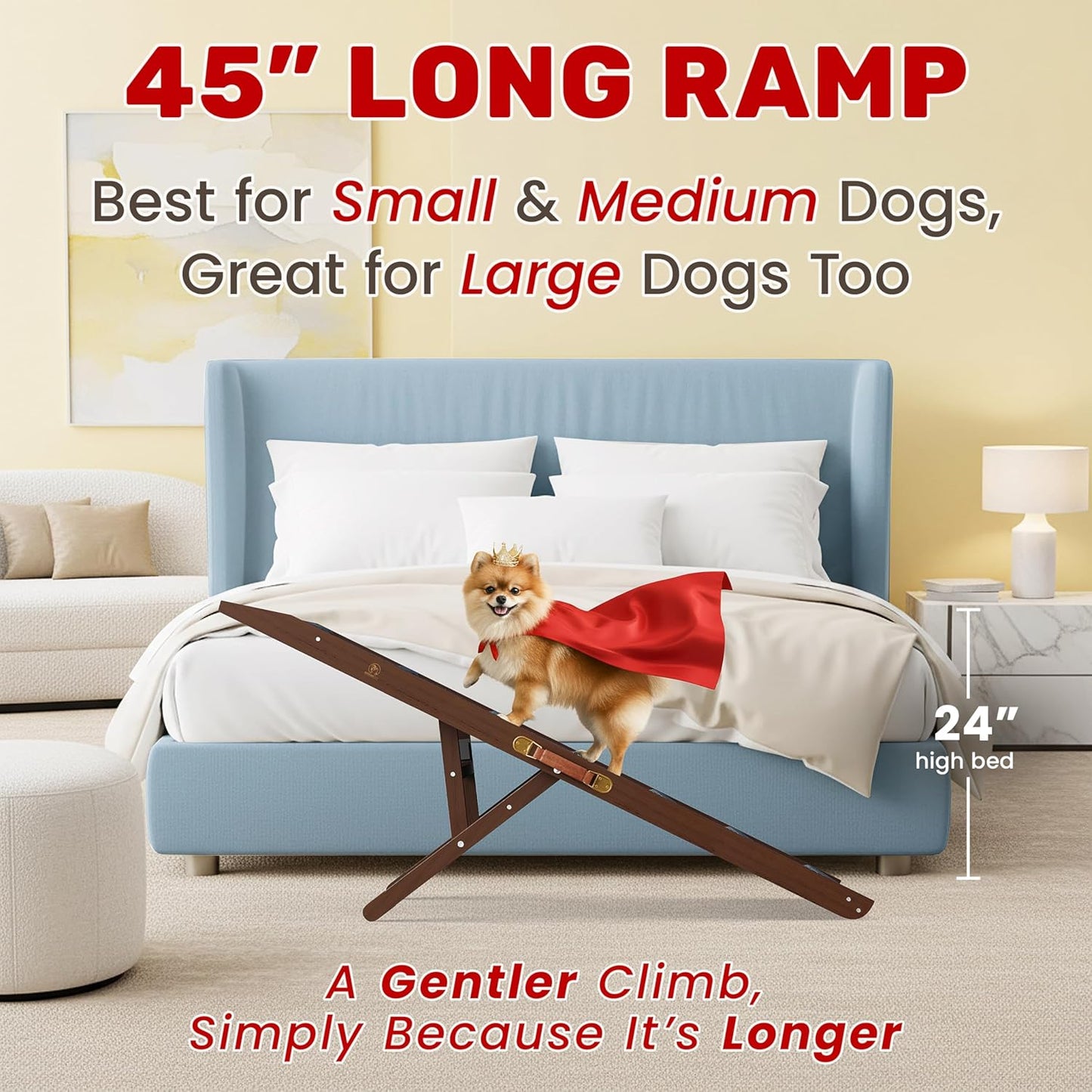 Adjustable Dog Ramp - 50" L x 18.5" W Ramp for Large Dogs to Get on Bed with 6 Incline Levels & Non-Slip Traction Carpet - Also Ideal for Medium & Large Breeds (Natural)