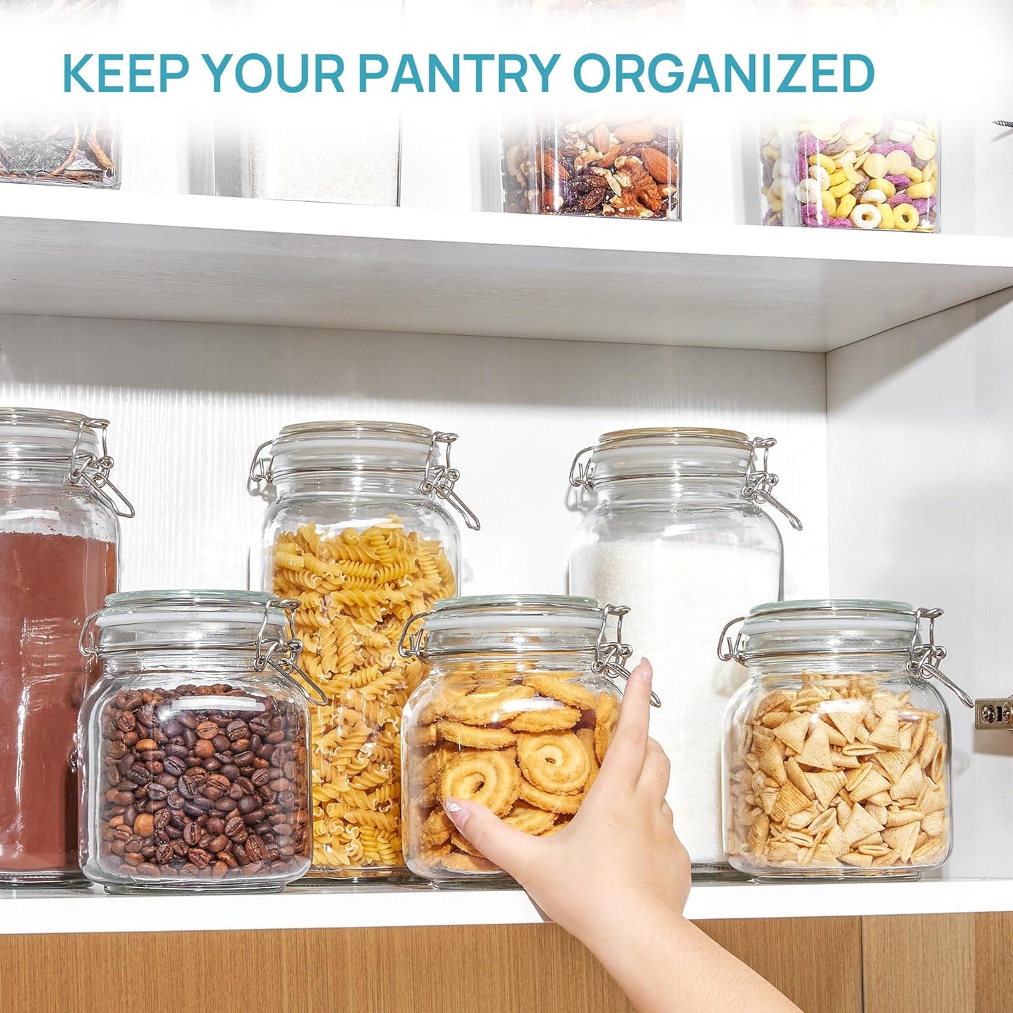 Vtopmart 78oz Glass Food Storage Jars with Airtight Clamp Lids, 3 Pack Large Kitchen Canisters for Flour, Cereal, Coffee, Pasta and Canning, Square Mason Jar with 8 Chalkboard Labels