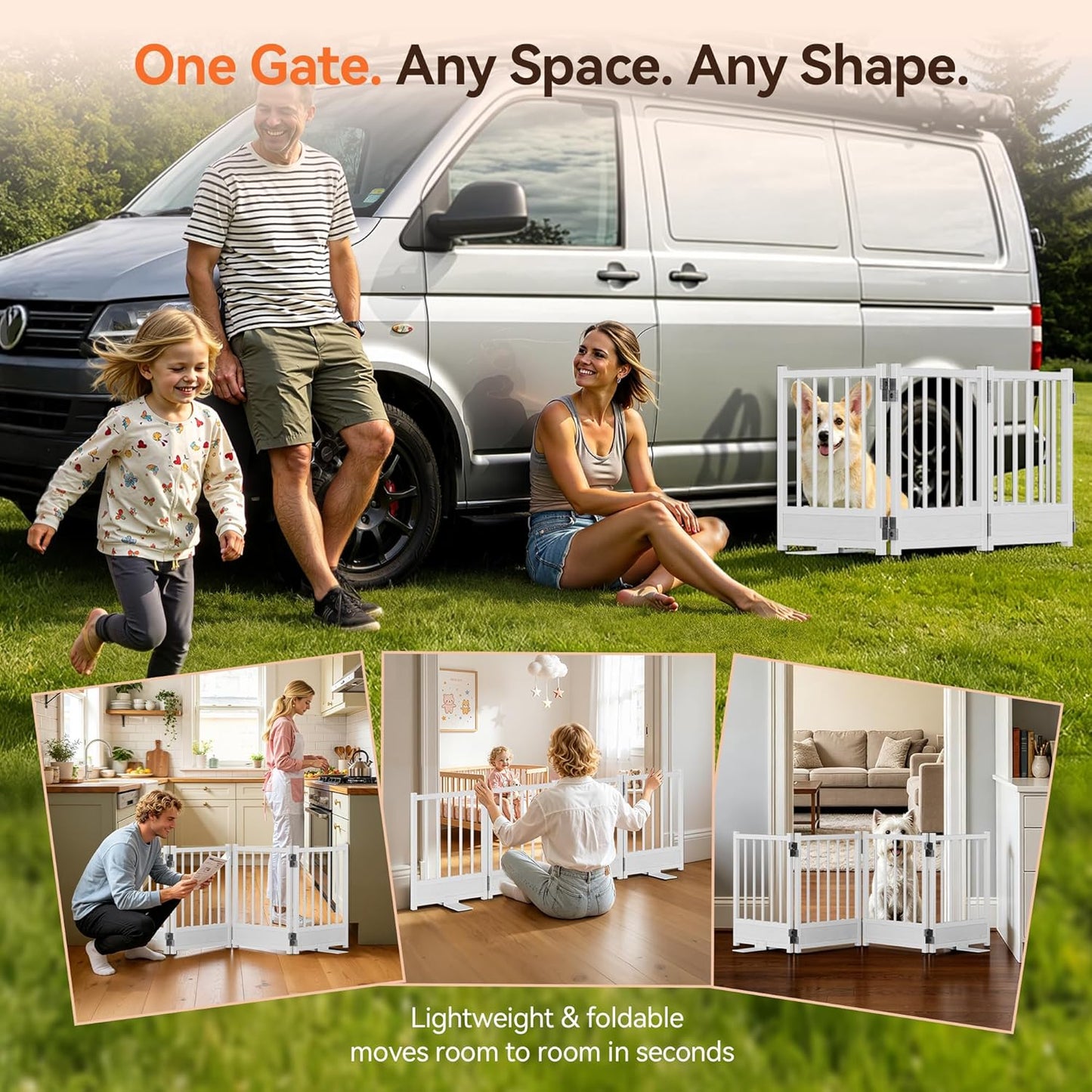 Dog Gate for Small Dogs, 48" No Drill Foldable Reinforced Base Pet Fence, Heavy Duty Step-Over Doorway Puppy Barrier, Anti-Tip Metal Frame, Supports 200+ lbs, Black