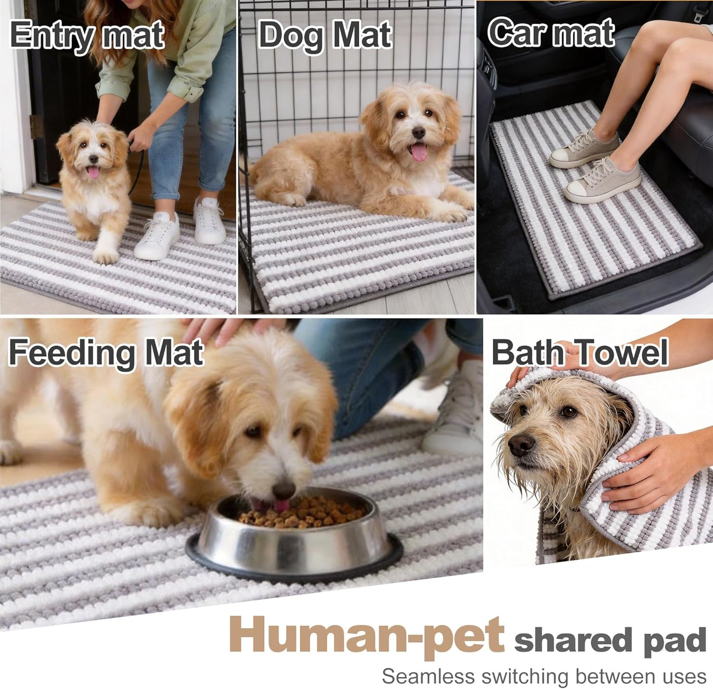 pobopobo Dog Door Mat for Muddy Paws - Absorbent & Washable Chenille Rug, Non-Slip Dirt Trapper for Indoor Outdoor Entryway, Quick Dry Pet Mat for Muddy Dogs (Striped Gray-Blue&White, 24" x 16")