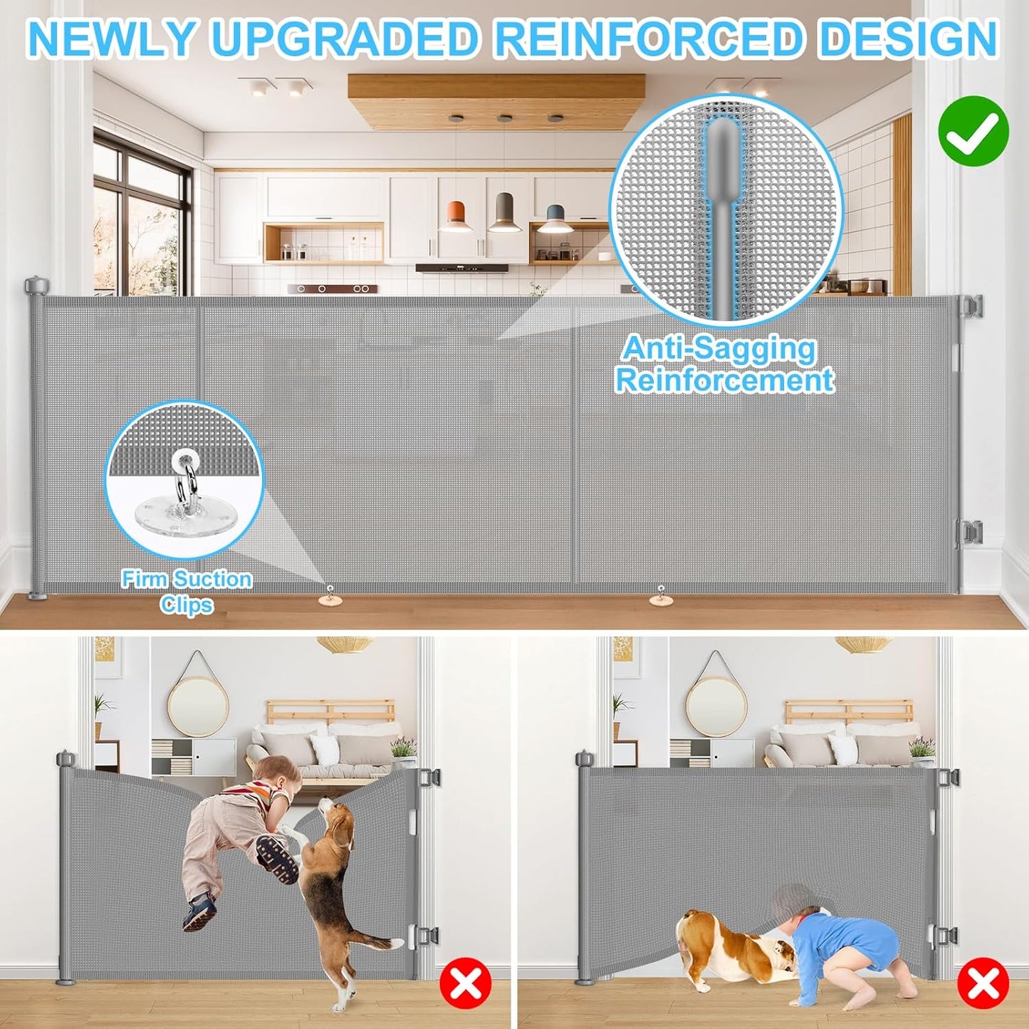 Upgrade 120 inch Retractable Baby Gates, EZIGO Extra Wide Baby Gate for Large Opening Extra Long Mesh Gate for Kids or Pet Dog Gate Child Safety Gate for Stairs Hallways Doorway Indoor Outdoor, Gray