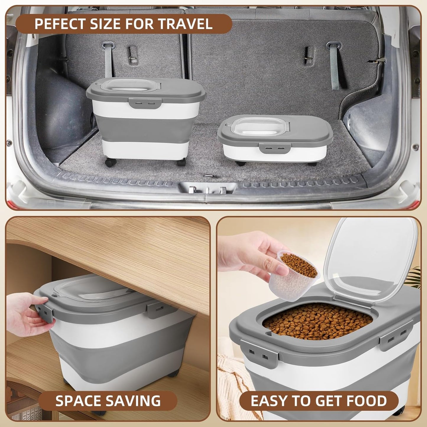 Dog Food Container, Collapsible Pet Food Storage Container 17-20 lb with Rolling Wheels & Airtight Lid, Plastic Storage Bin With Dog Food Scoop and Measuaring Cups