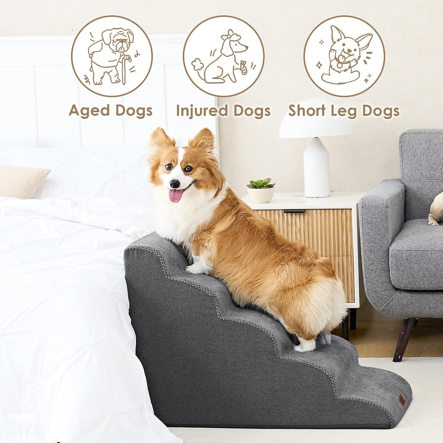 EHEYCIGA Curved Dog Stairs Ramp for High Beds 19.7" H, 4-Step Dog Steps for Small Dogs and Cats, Pet Stairs for High Bed Climbing, Non-Slip Balanced Pet Step Indoor, Grey