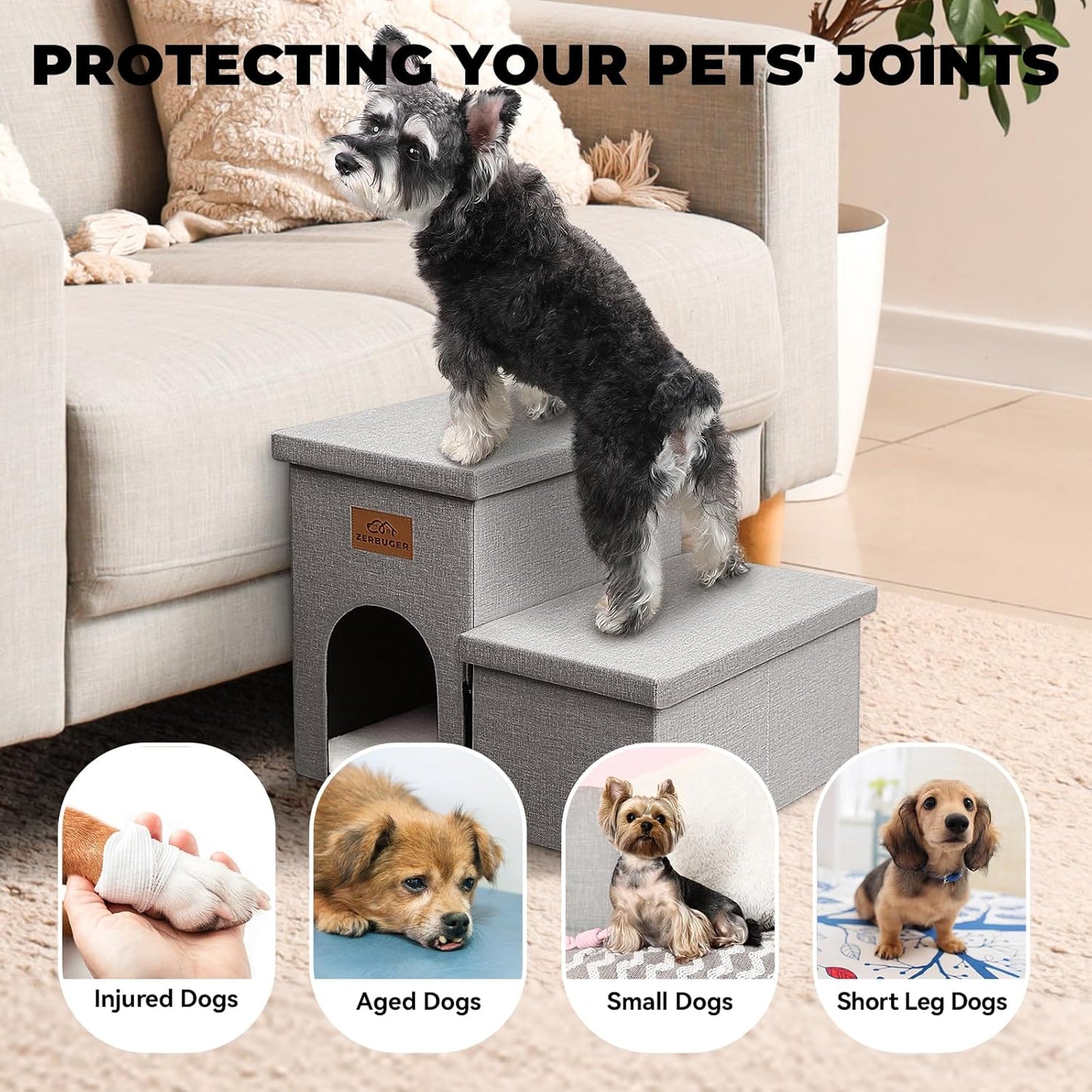 Zerbuger Wider Dog Ramp for High Bed with Storage 18" H, Foldable Dog Stairs for Small Medium Large Older Senior Animal, Sturdy Dog Step for Climbing Bed or Couch, Arthritis-Friendly (Gray, No Condo)
