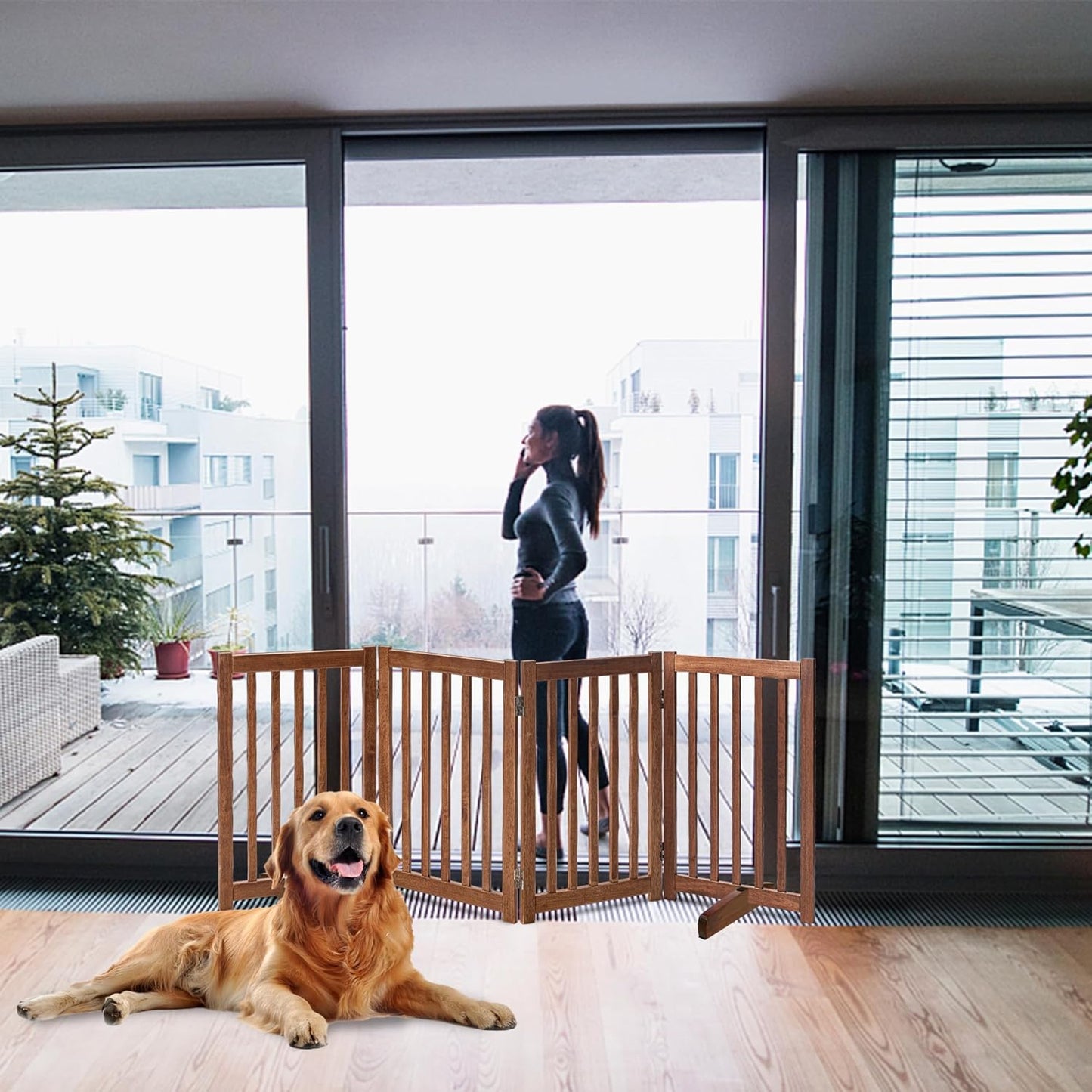 LZRS 2-Panel Wooden Free Standing Foldable Dog Gate Indoor – Solid Hardwood 24" High, Step-Over Safety Pet Gate for Doorways, Stairs & Small Spaces - Indoor Use, White