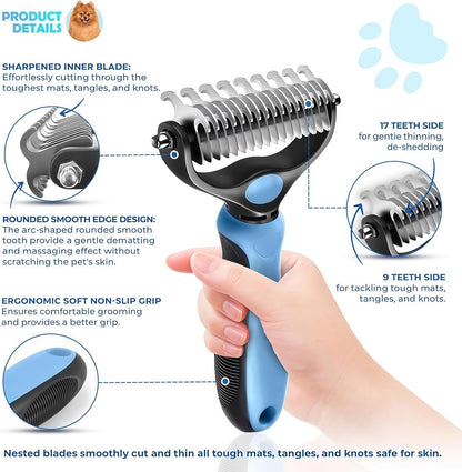 2026 New Double-Sided Deshedding Dematting Tool, Undercoat Rake for Dogs & Cats, Extra-Wide Dog Grooming Brush & Deshedder Comb for Long Hair (Blue)