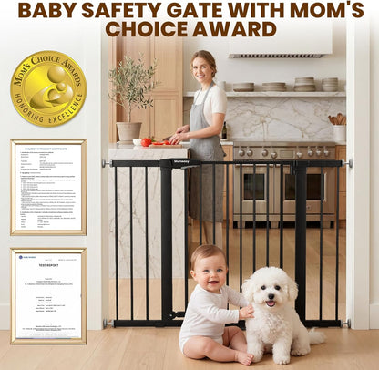 Mumeasy 29.7-46" Baby Gate for Stairs, Pressure Mounted Dog Gate for Doorways, Auto Close Walk Through Pet Gate Indoor, Extra Wide Metal Child Safety Gate, Mom's Choice Awards Winner, Black