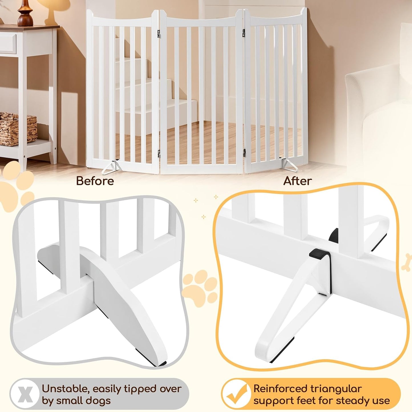 Yaheetech Freestanding Pet Gate 3-Panel Wooden Dog Fence with 2 Support Feet Folding Dog Gate for Indoor, Stairs, Doorways, Halls, Kitchen Wooden Pet Barrier White 36" H