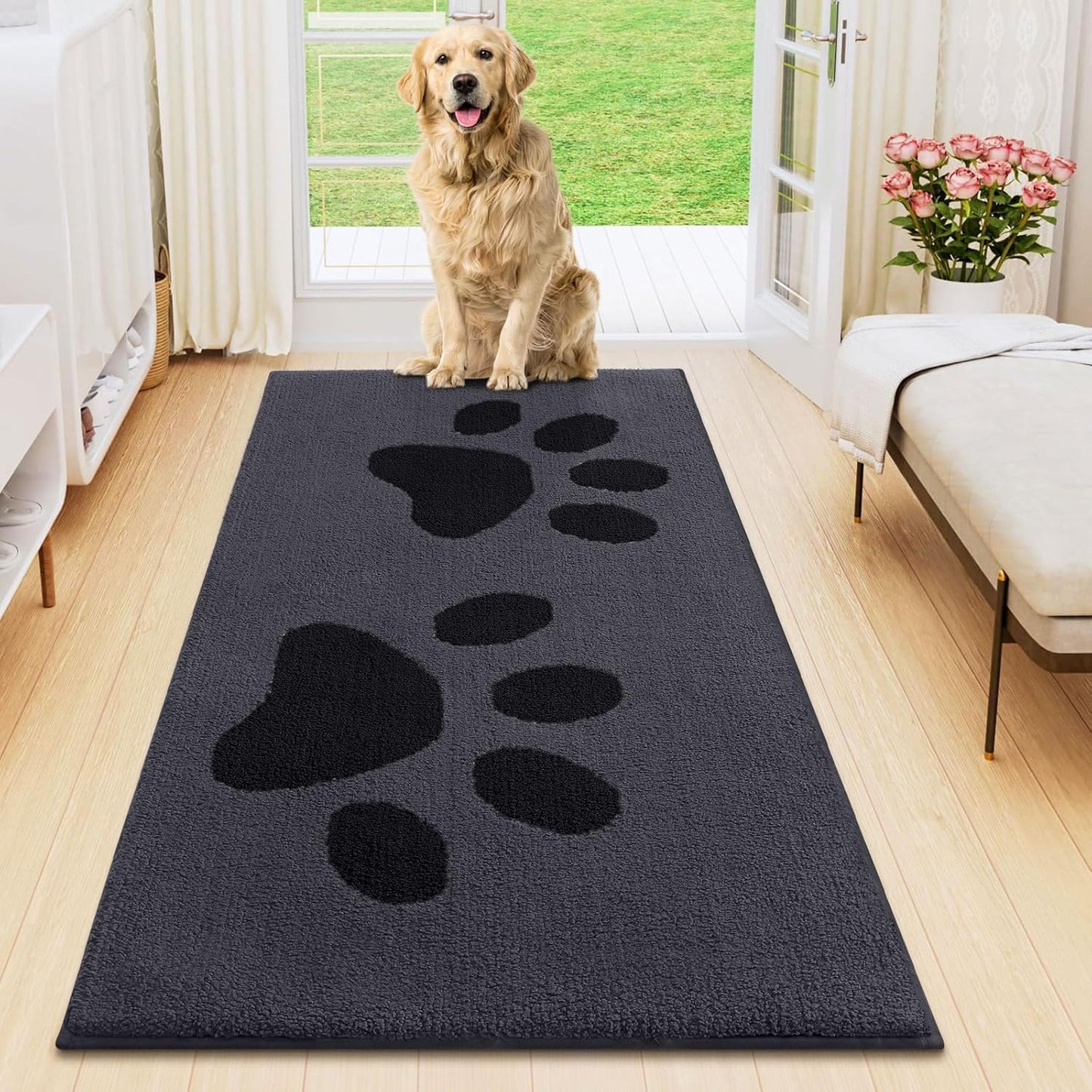 Smiry Dog Door Mat for Muddy Paws, Absorbs Moisture and Dirt, Low-Profile Entryway Mat with Non-Slip Backing, Entry Indoor Outdoor Doormat for Inside Floor (30x20 Inches, Grey, Striped)