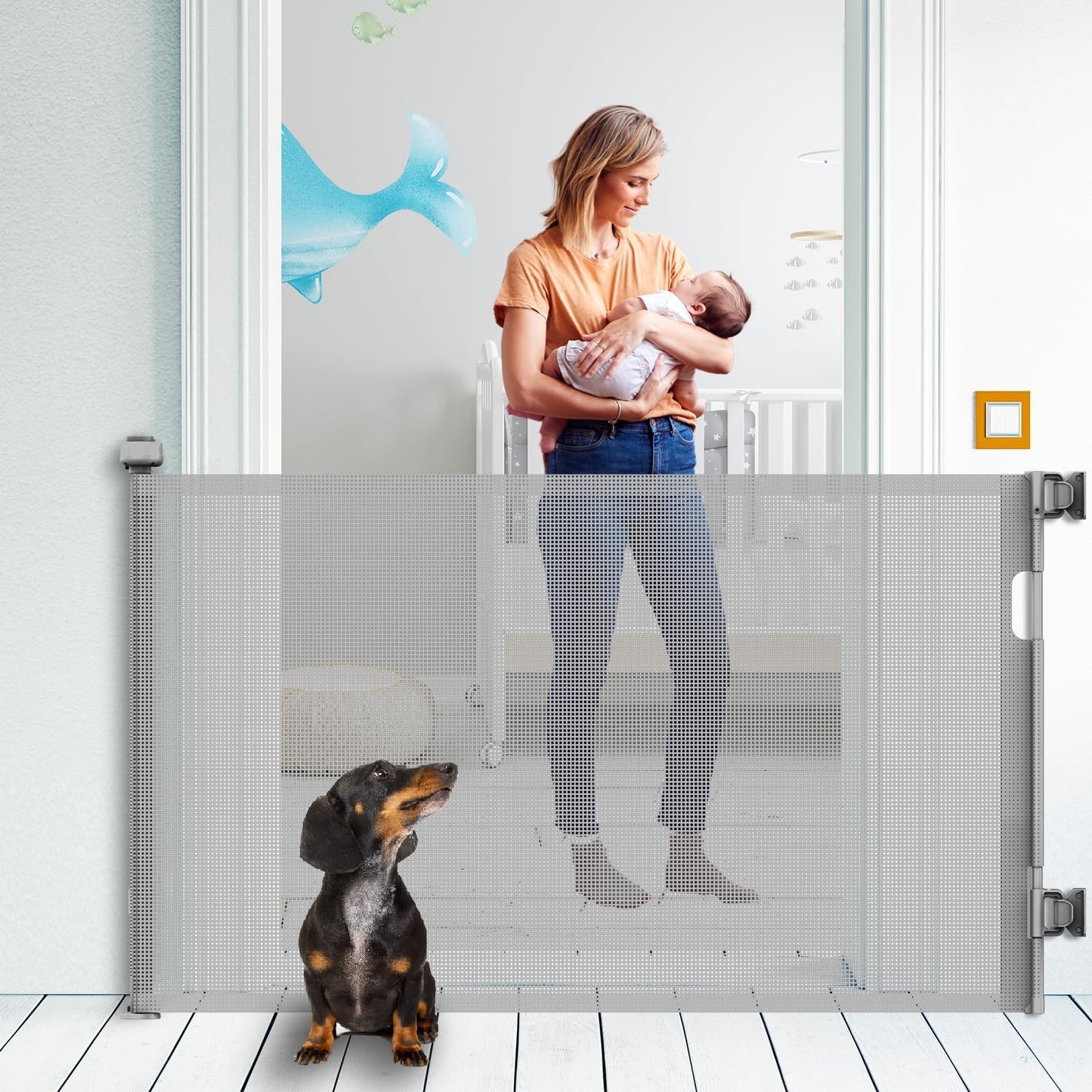 Upgraded Retractable Baby Gate for Stairs, 33"Tall Expands 71"Wide Ideal Safety Solution Dog Gate for Stairs Doorways Hallways Indoor/Outdoor Mesh Baby Gate Retractable Screen Door(Black,86CMx180CM)