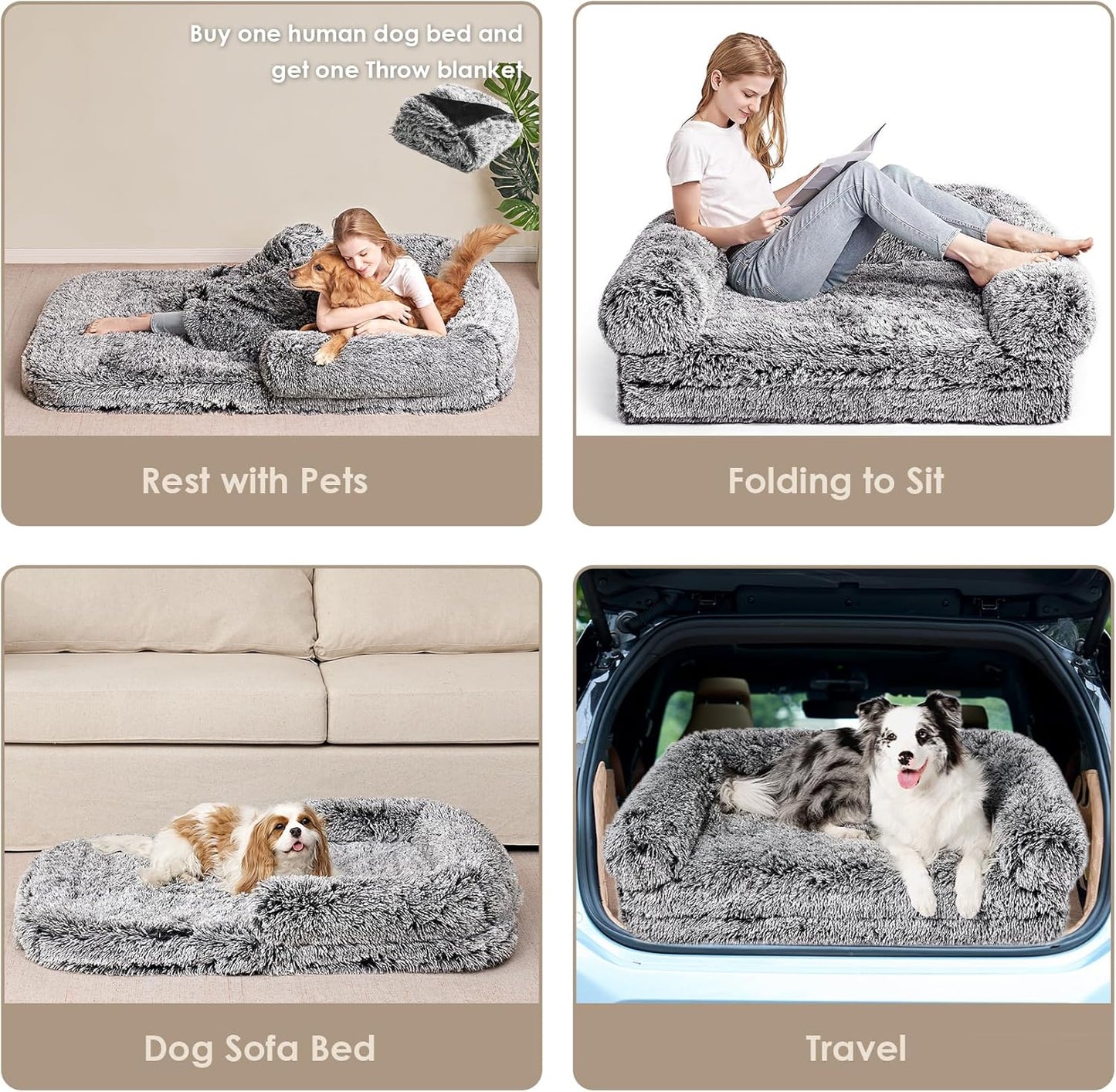 EHEYCIGA Foldable XXL Dog Bed for Large Sized Dog, 54"x38"x7.5" Faux Fur Fluffy Pet Couch Bed, Orthopedic Calming Memory Foam Big Pet Bed, Washable Pet Sofa Bed with Non-Slip Bottom, Dark Grey