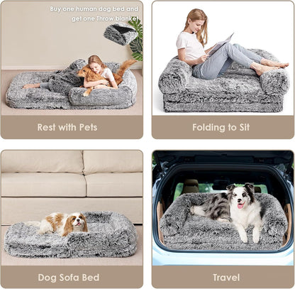 EHEYCIGA Foldable XXL Dog Bed for Large Sized Dog, 54"x38"x7.5" Faux Fur Fluffy Pet Couch Bed, Orthopedic Calming Memory Foam Big Pet Bed, Washable Pet Sofa Bed with Non-Slip Bottom, Dark Grey