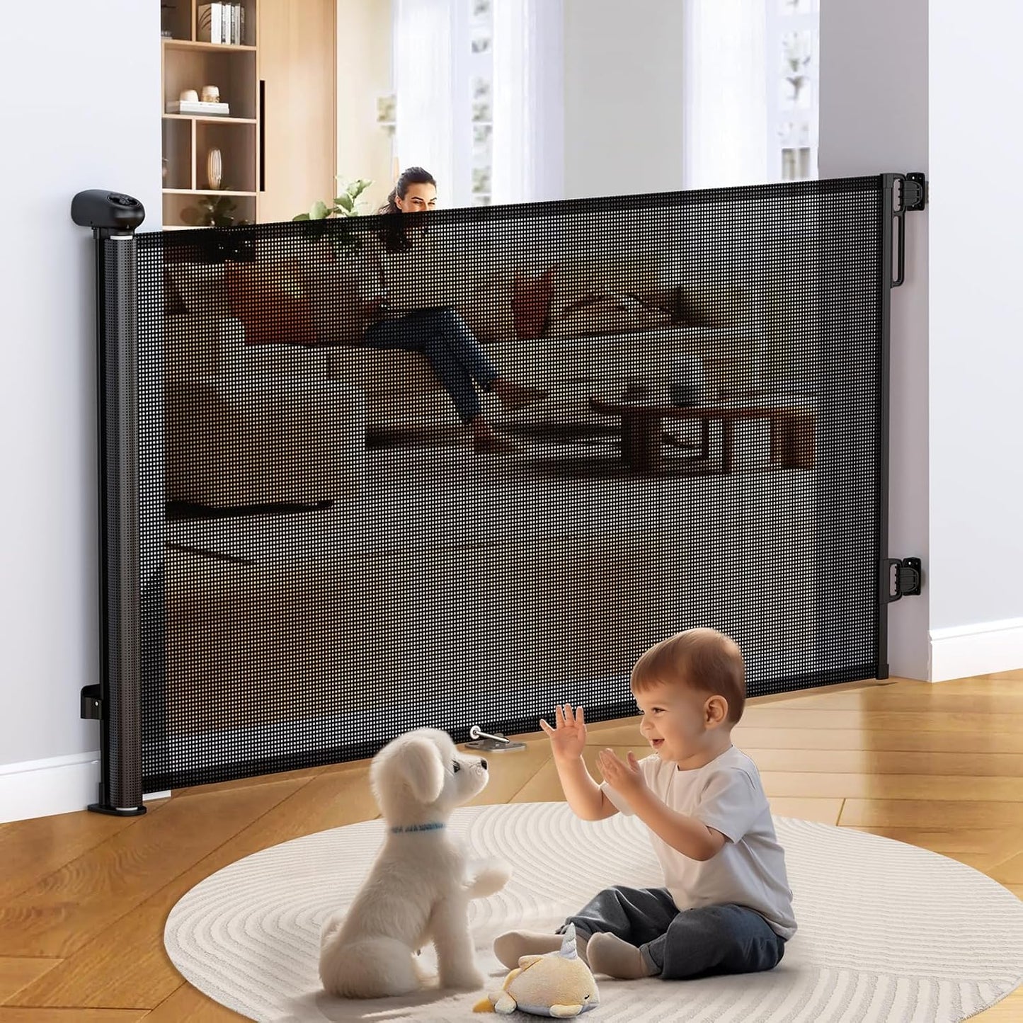 Uamector 138-Inch Extra Wide Retractable Baby Gate & Dog Gate, Reinforced Mesh Safety Gate Adjustable for Large Openings - Stairs, Doorways, Hallways - Indoor/Outdoor Use