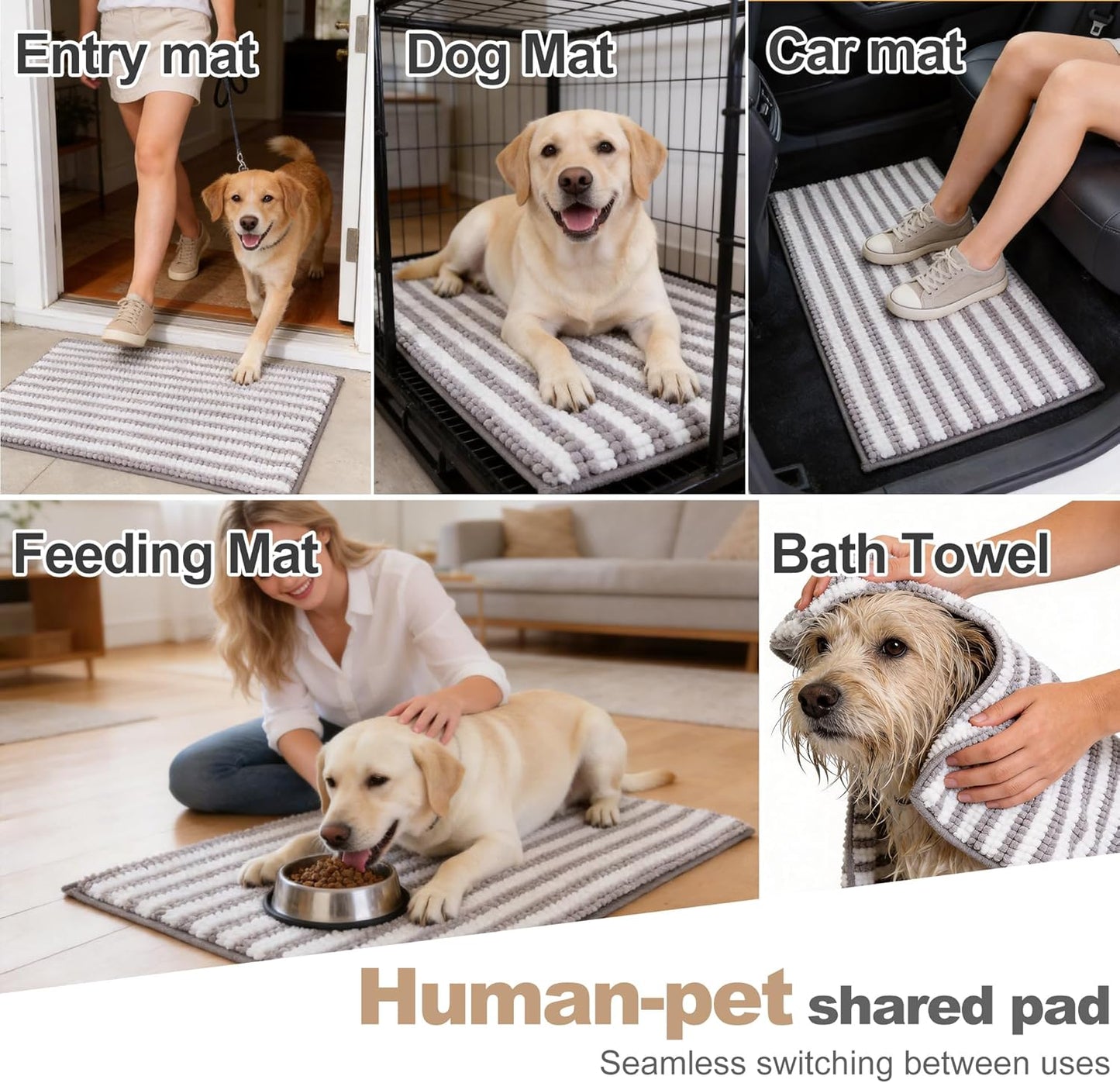 pobopobo Dog Door Mat for Muddy Paws - Absorbent & Washable Chenille Rug, Non-Slip Dirt Trapper for Indoor Outdoor Entryway, Quick Dry Pet Mat for Muddy Dogs (Striped Gray-Blue&White, 24" x 16")
