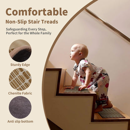 Non-Slip Stair Treads for Wooden Steps 15pcs,8"x30" Stair Carpet Treads for Indoor Use,Peel and Stick Stair Runners,Washable Reusable Adhesive Backing,Pet-Friendly Stair Capet for Kids,Elders,Dogs
