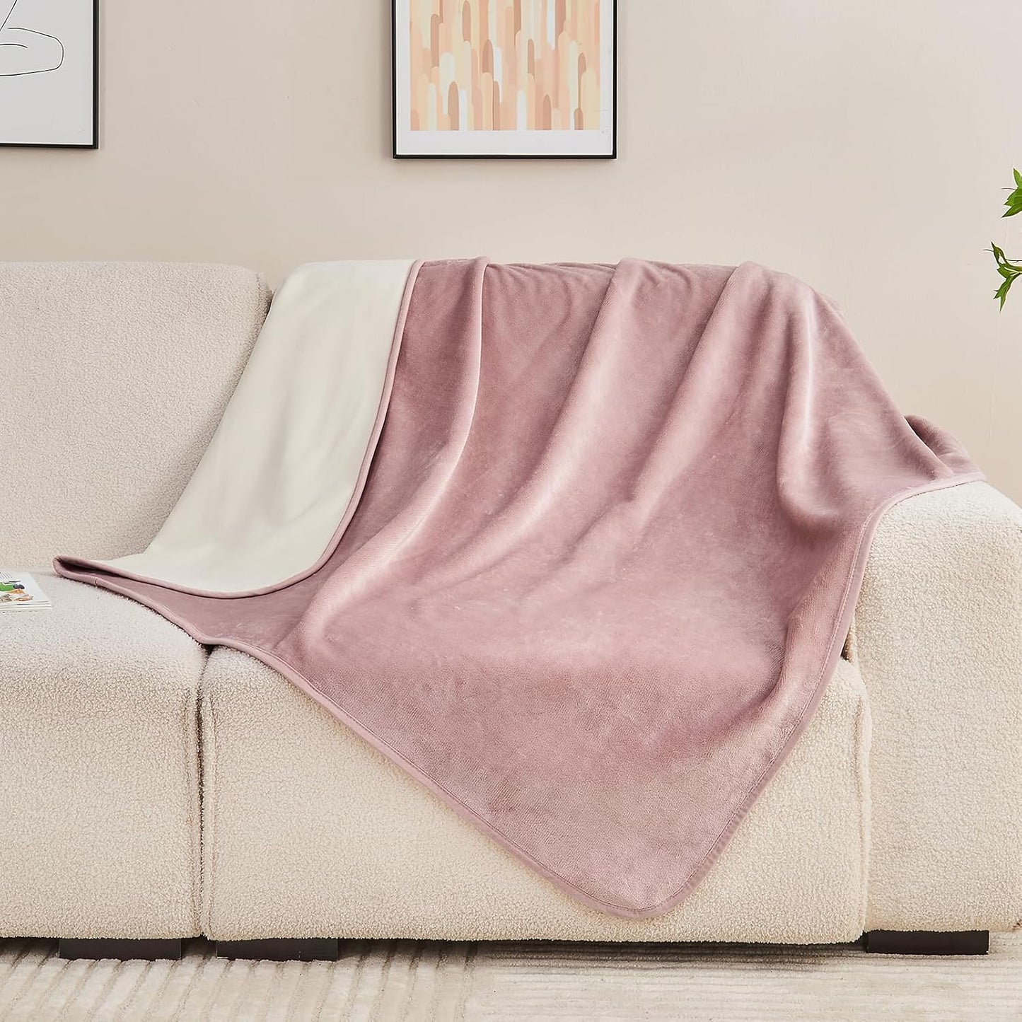 Waterproof Blanket 60"x80" for Adults, Reversible Waterproof Bed Cover for Dogs Cats Pets, Soft Leakproof Blanket for Bed Couch Sofa Furniture Protector, Dusty Pink/Off White