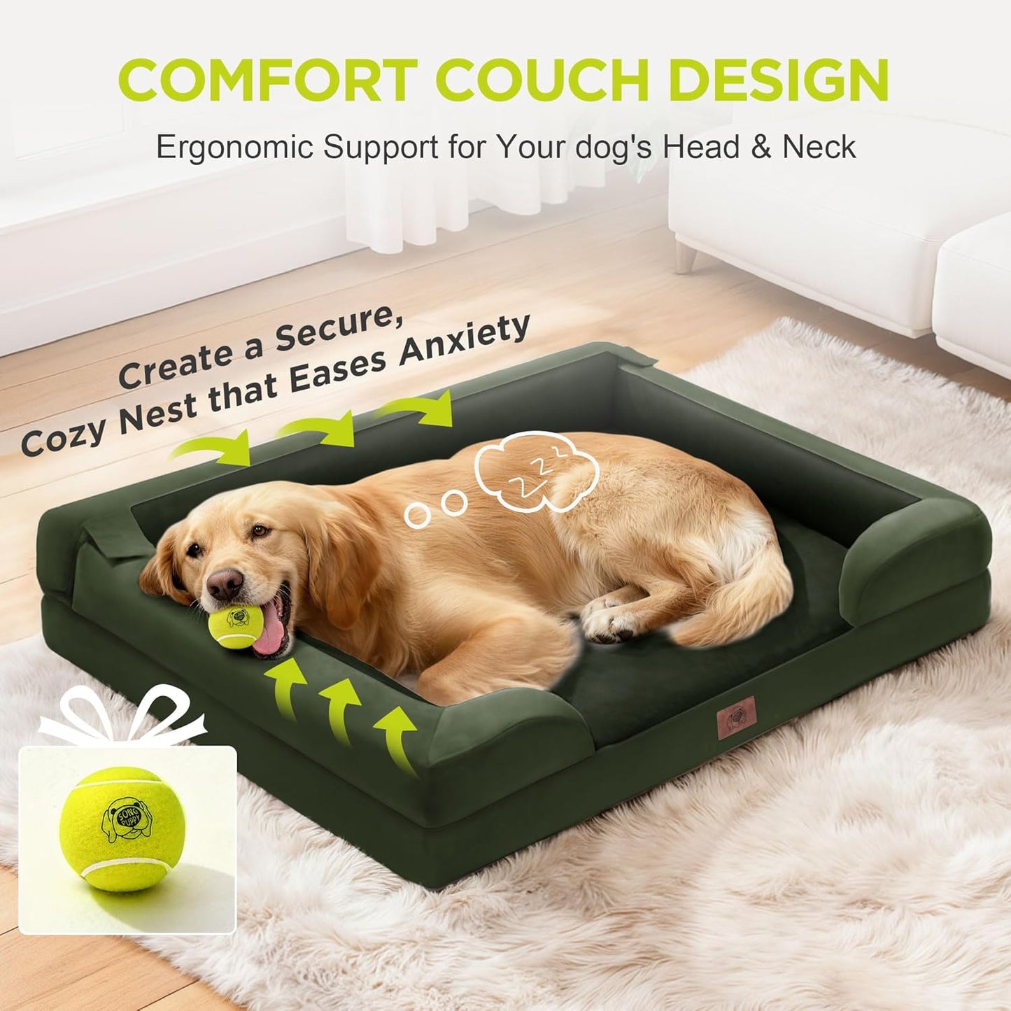 Extra Large Dog Bed, Orthopedic XL Washable Memory Foam Bed for Big Dogs Waterproof Pet Couch Sofa Bolster with Removable Cover, Non-Slip Bottom, Tennis Ball Toy, 42x30