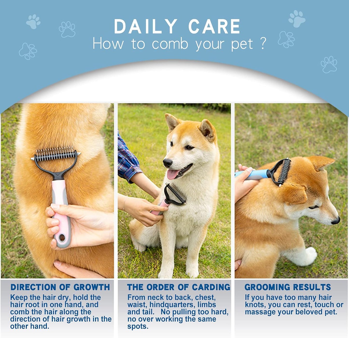 GOESWELL Double-Sided Undercoat Rake for Pet Grooming - Shedding and Dematting Comb with Grooming Glove (Blue 2 Pack)