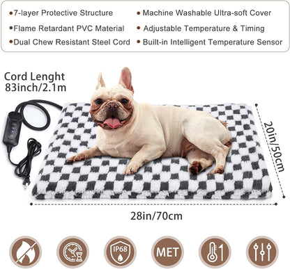 Heated Dog Bed, 11 Adjustable Temperature Dog Heating Pad Indoor with Timer, Pet Heated Mat for Dogs Cats, Electric Cat Heating Pad with Washable Cover, Heated Pet bed-28''x20'', Medium