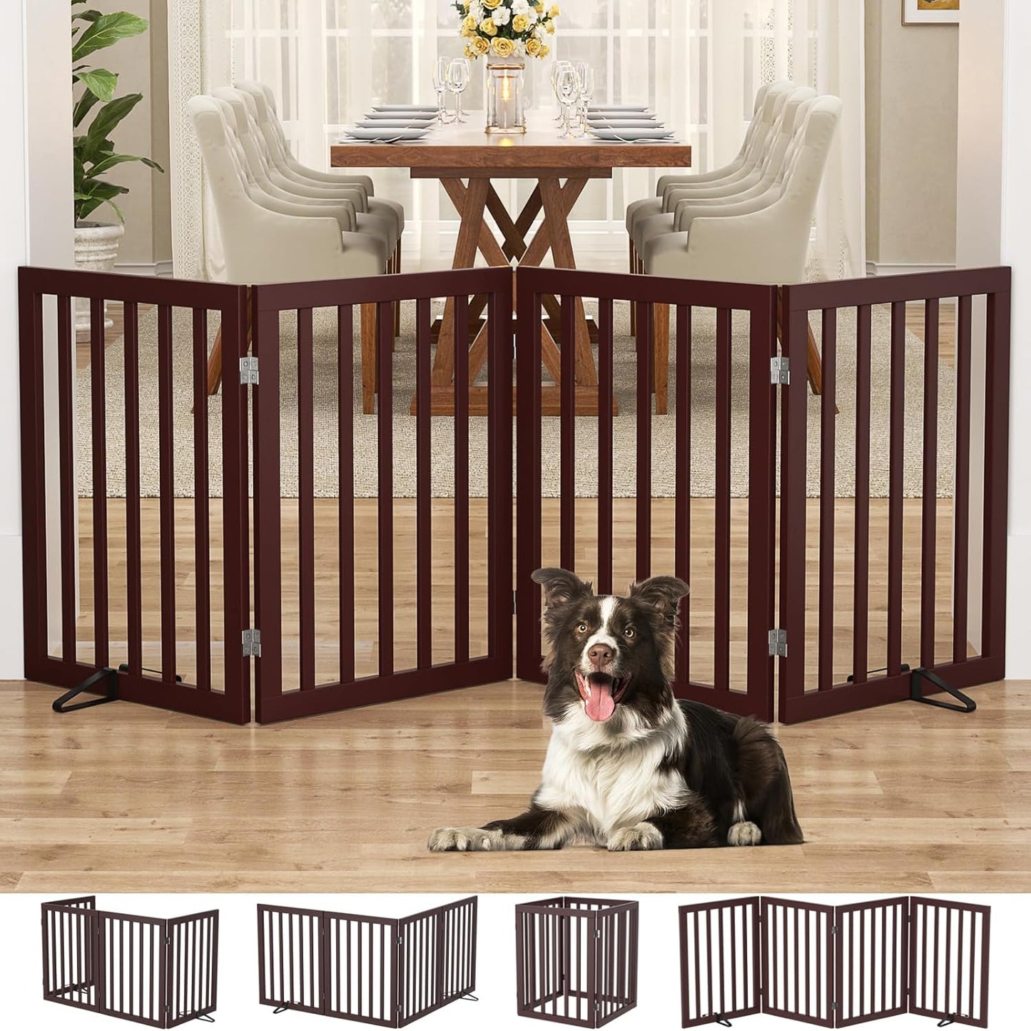 Homykic Bamboo Freestanding Dog Gate, No Assembly Pet Gate Indoor, 24”H x 75”W Extra Wide Foldable Puppy Fence with Support Feet for the House, Doorways Stairs, 4 Panels, No Drilling, Espresso