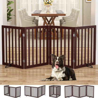 Homykic Bamboo Freestanding Dog Gate, No Assembly Pet Gate Indoor, 24”H x 75”W Extra Wide Foldable Puppy Fence with Support Feet for the House, Doorways Stairs, 4 Panels, No Drilling, Espresso