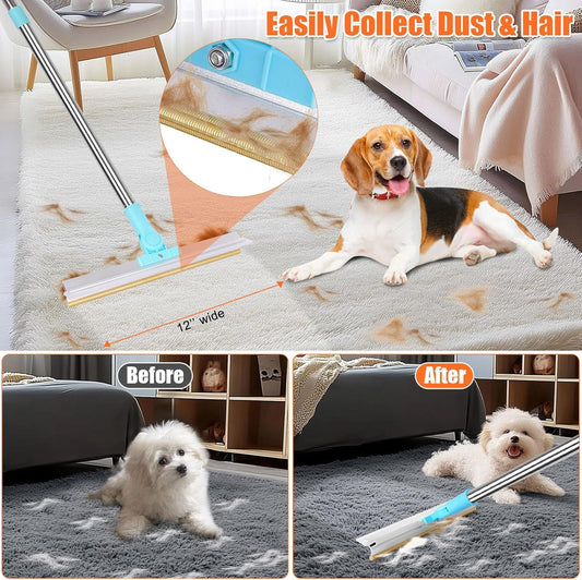 Carpet Rake for Pet Hair Removal, 2 in 1 Pet Hair Remover Tool with Squeegee, Durable Sturdy Dog Cat Hair Rake, 60‘’ Adjustable Handle, 12'' Wide Rake Scraper Carpet Broom for Carpet Rug Mat Cleaning