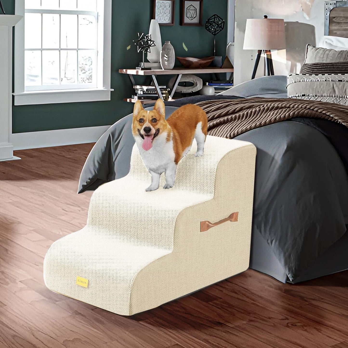 Gimars Upgraded 55CM Long Wide Steps 2 Step Dog Stairs for Small, Medium & Senior Dogs, 30CM High Ramp with 33D High-Density Foam, Linen Cover, Non-Slip Base, Supports 30KG, for Bed & Sofa