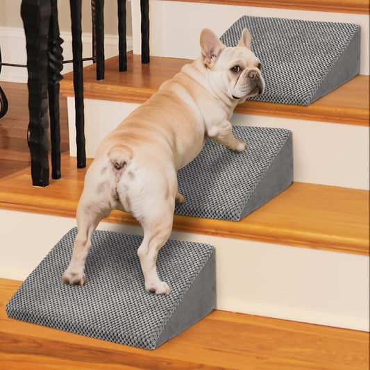 40D Dog Ramp for Stairs for Small & Senior Dogs and Cats – Non-Slip Stair Ramp for Dogs with Gentle Slope, Pet Ramp with Washable Cover & Self-Sticky Pads for Safe Climbing Easy Install(Grey, 3 Pack)