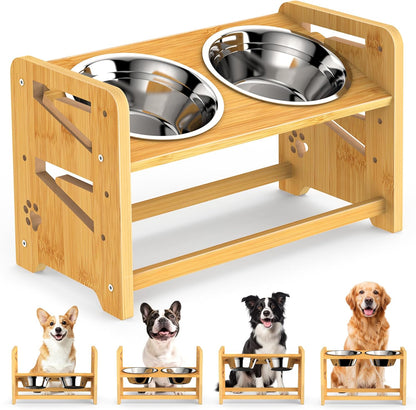 Elevated Dog Bowls, Adjustable Raised Dog Bowl Stand for Medium and Small Dog, 11" High Bamboo Pet Food Feeder with 2 Stainless Steel Dishes（4 Heights）