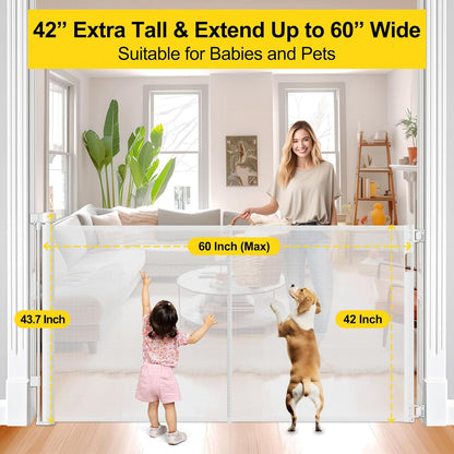 Reinforced 42” Extra Tall Retractable Baby Gates with Rods, Extends up to 60” Wide, Tall Retractable Dog Gate for Doorways Prevent Crawling Through Mesh Pet Gate Indoor Outdoor, Black