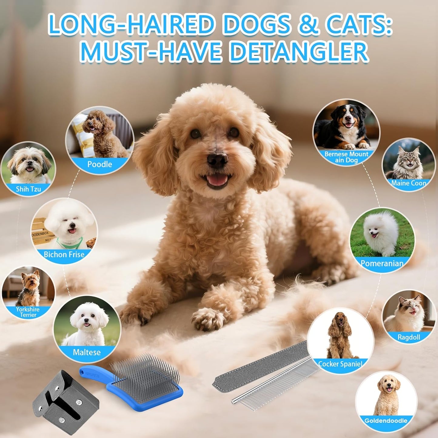 Large Slicker Brush for Dogs,Doodle Brush for Poodles, Goldendoodles, Labradoodle, Extra Long Pins for Detangling Matted Fur & Removing Tangle, Dog Grooming Kit with Wooden Handle. Black