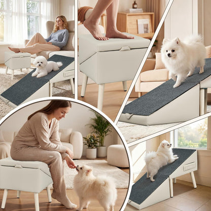 Dog Ramp for Couch and Bed, 17" H Stairs for Small to Medium Dogs and Cats Foldable Steps for Pets to Get on High Bed, Non-Slip Sturdy Ottoman Ramp with Storage Drawer, Brown