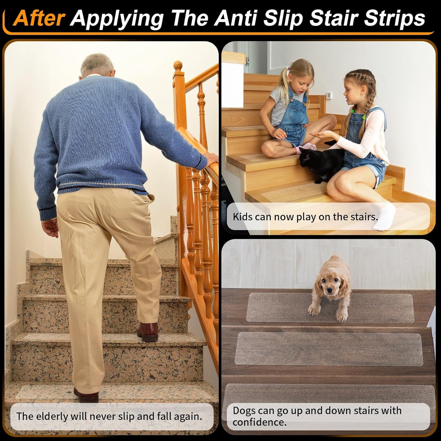 SMILOOL Clear Non-Slip Treads for Wooden Steps Indoor 15 Pack 4" x 24" Pre-Cut Anti-Slip Strips, Transparent Grip Tape for Wood Stairs, Waterproof Step Grips for Dogs, Kids and Pets
