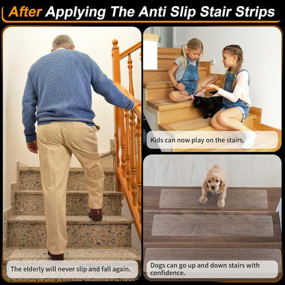 SMILOOL Clear Non-Slip Treads for Wooden Steps Indoor 15 Pack 4" x 24" Pre-Cut Anti-Slip Strips, Transparent Grip Tape for Wood Stairs, Waterproof Step Grips for Dogs, Kids and Pets
